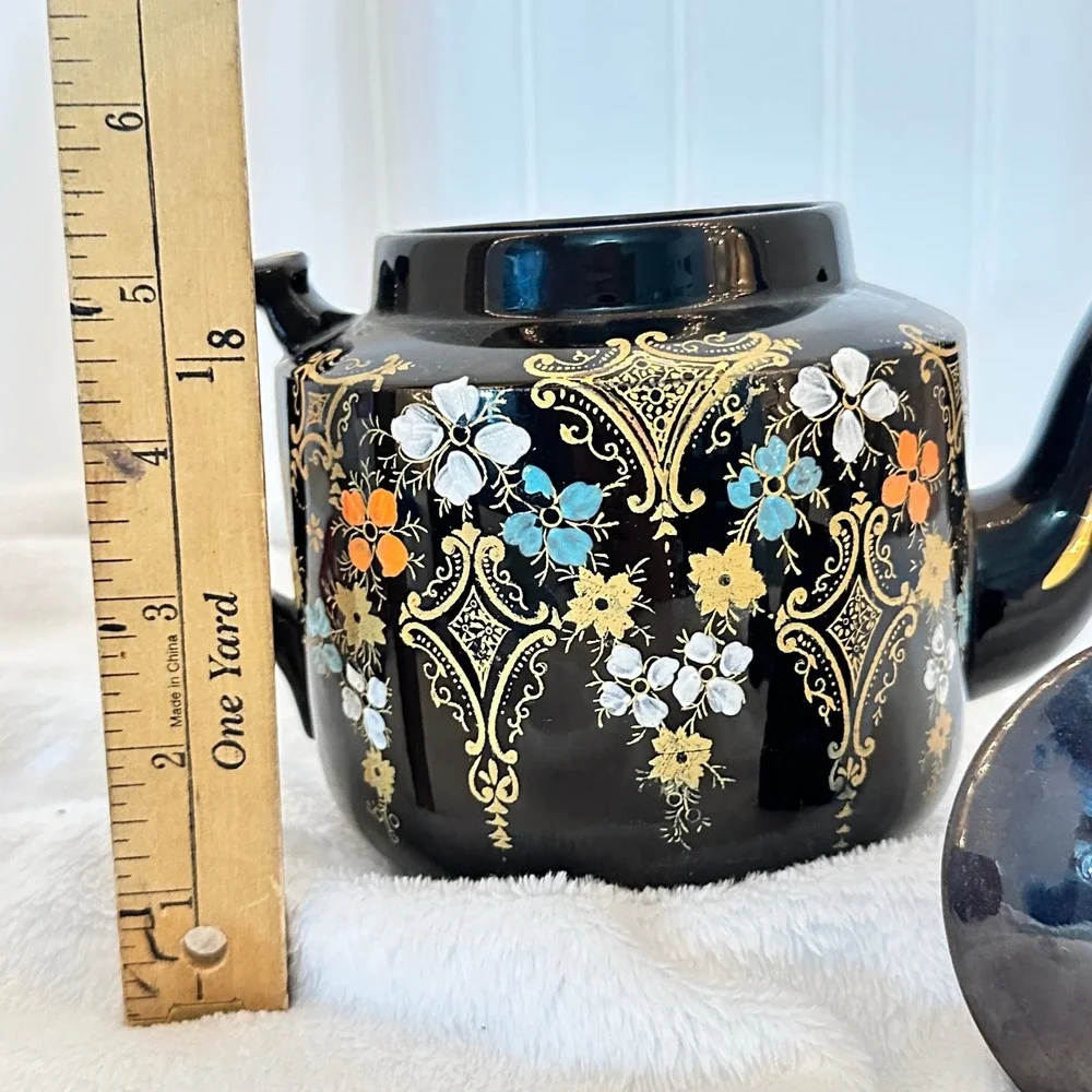 Vintage Hague Teapot Dark Hand Painted Floral Made in England Cottagecore Glazed